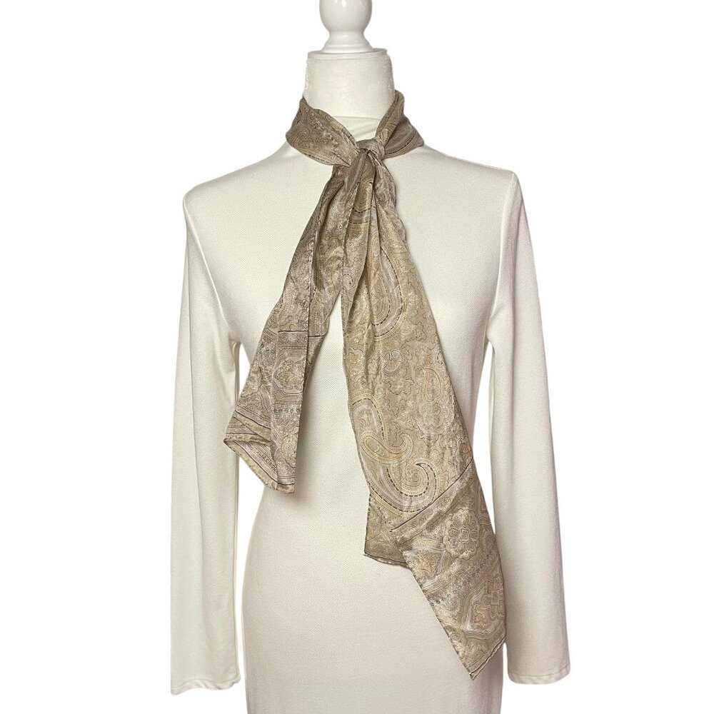 Vintage-Inspired Gold Paisley Print Scarf Elegant Lightweight Satin Feel  Versat